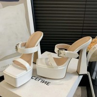 Square Open Toe Double Straps Platforms Chunky Heels Slippers Sandals - White Faux Leather