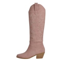 Pointed Toe Chunky Heels Western Style Knee Highs Pull On Cowgirl Boots - Pink Flock