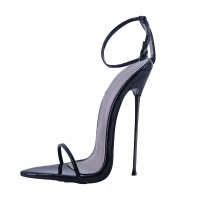 Thin Stiletto Heels Pointed Open Toe Ankle Buckle Straps Sandals - Black Patent
