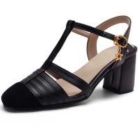 Round Toe Chunky Heels Ankle Buckle T Straps Vintage Sandals - Black Faux Leather