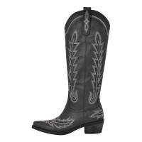 Pointed Toe Chunky Heels Western Style Knee Highs Side Zipper Cowgirl Boots - Black Faux Leather