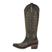 Pointed Toe Chunky Heels Western Style Knee Highs Side Zipper Cowgirl Boots - Powder Faux Leather