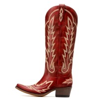 Pointed Toe Chunky Heels Western Style Knee Highs Side Zipper Cowgirl Boots - Burgundy Faux Leather