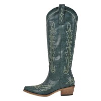 Pointed Toe Chunky Heels Western Style Knee Highs Side Zipper Cowgirl Boots - Green Faux Leather