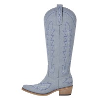 Pointed Toe Chunky Heels Western Style Knee Highs Side Zipper Cowgirl Boots - LightBlue Denim