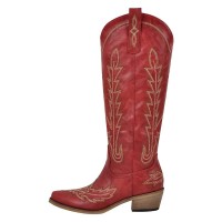 Pointed Toe Chunky Heels Western Style Knee Highs Side Zipper Cowgirl Boots - Red Faux Leather