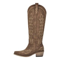 Pointed Toe Chunky Heels Western Style Knee Highs Side Zipper Cowgirl Boots - Brown Flock