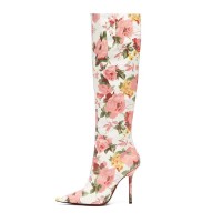 Pointed Toe Flower Print Knee Highs Stiletto Heels Boots - Pink Faux Leather