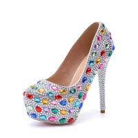 Round Toe Platforms Rhinestones Stiletto Heels  Pumps - Multicolor Faux Leather