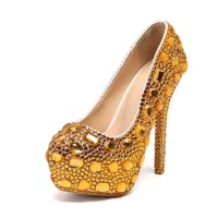 Round Toe Platforms Rhinestones Stiletto Heels  Pumps - Gold Faux Leather