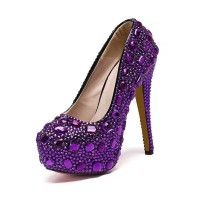 Round Toe Platforms Rhinestones Stiletto Heels  Pumps - Purple Faux Leather