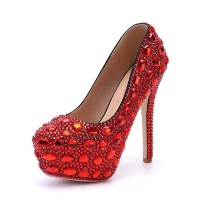 Round Toe Platforms Rhinestones Stiletto Heels  Pumps - Red Faux Leather