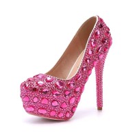 Round Toe Platforms Rhinestones Stiletto Heels  Pumps - Rose Faux Leather