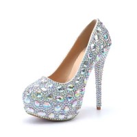 Round Toe Platforms Rhinestones Stiletto Heels  Pumps - White Faux Leather
