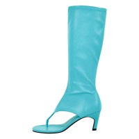 Thong Round Toe Mid-Calf Kitten Heels Bootie Flip-flops Sandals - Blue Faux Leather