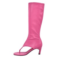 Thong Round Toe Mid-Calf Kitten Heels Bootie Flip-flops Sandals - HotPink Faux Leather