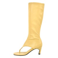 Thong Round Toe Mid-Calf Kitten Heels Bootie Flip-flops Sandals - Yellow Faux Leather