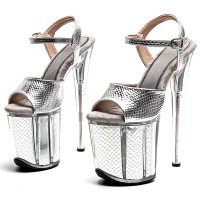 Peep Toe Stiletto Heels Snake Print Ankle Cross Straps Platforms Sandals  - Silver Patent