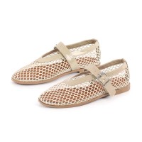 Round Toe Mary Janes Buckle Strap Mesh Ballet Loafers Flats - Beige Mesh