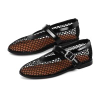 Round Toe Mary Janes Buckle Strap Mesh Ballet Loafers Flats - Black Mesh