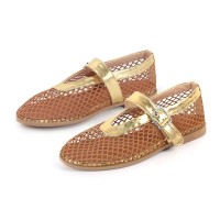 Round Toe Mary Janes Buckle Strap Mesh Ballet Loafers Flats - Gold Mesh