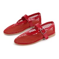 Round Toe Mary Janes Buckle Strap Mesh Ballet Loafers Flats - Red Mesh