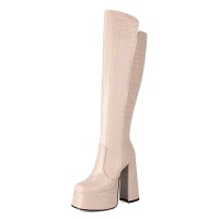 Square Toe Chunky Heels Crocodile Pattern Platforms Knee Highs Boots - Beige Patent