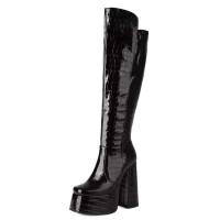 Square Toe Chunky Heels Crocodile Pattern Platforms Knee Highs Boots - Black Patent
