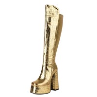 Square Toe Chunky Heels Crocodile Pattern Platforms Knee Highs Boots - Gold Patent