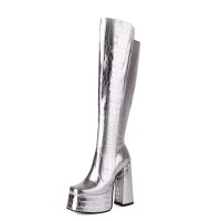 Square Toe Chunky Heels Crocodile Pattern Platforms Knee Highs Boots - Silver Patent