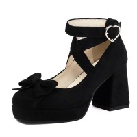 Round Toe Chunky Heels Ankle Buckle Cross Straps Bowknot Low Platforms Pumps - Black Flock