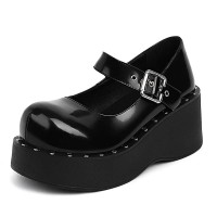 Round Toe Mary Janes Wedges Platforms Rivets Gothic Creepers Loafers  - Black Patent