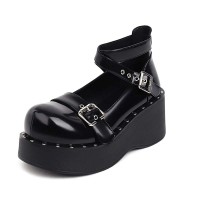 Round Toe Ankle Buckle Cross Straps Wedges Platforms Rivets Gothic Creepers Loafers  - Black Patent