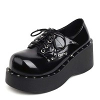 Round Toe Lace Up Wedges Platforms Rivets Gothic Creepers Loafers  - Black Patent