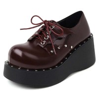 Round Toe Lace Up Wedges Platforms Rivets Gothic Creepers Loafers  - Wine Patent