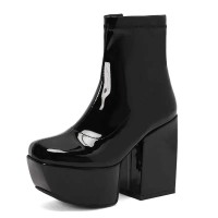 Square Toe Chunky Block Heels Ankle Highs Side Zipper Platforms Boots - Black Patent