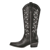 Pointed Toe Side Zipper Chunky Heels Western Style Knee Highs Cowboy Boots - Black Faux Leather