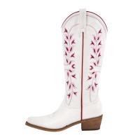 Pointed Toe Side Zipper Chunky Heels Western Style Knee Highs Cowboy Boots - White Faux Leather
