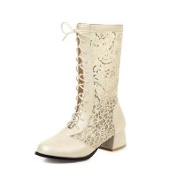 Round Toe Knee High Lace Up Breathable Mesh Chunky Heels Boots - Beige Faux Leather