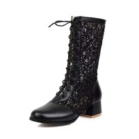 Round Toe Knee High Lace Up Breathable Mesh Chunky Heels Boots - Black Faux Leather