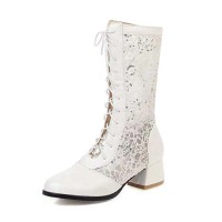 Round Toe Knee High Lace Up Breathable Mesh Chunky Heels Boots - White Faux Leather
