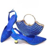 Pointed Toe Rhinestones Decorated Kitten Heels Slingback Pumps with Bag  - Blue Synthetic