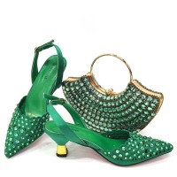 Pointed Toe Rhinestones Decorated Kitten Heels Slingback Pumps with Bag  - Green Synthetic