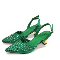 Pointed Toe Rhinestones Decorated Kitten Heels Slingback Pumps  - Green Synthetic