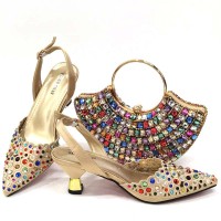 Pointed Toe Rhinestones Decorated Kitten Heels Slingback Pumps with Bag  - Multicolor Synthetic