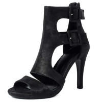 Peep Toe Ankle Buckle Straps Stiletto Heels Elegant Sandals - Black Flock