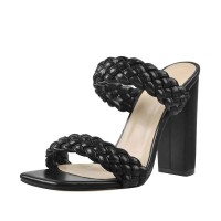 Open Toe Chunky Heel Slip On Mules Summer Sandals - Black Faux Leather