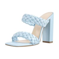 Open Toe Chunky Heel Slip On Mules Summer Sandals - SkyBlue Faux Leather
