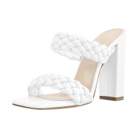 Open Toe Chunky Heel Slip On Mules Summer Sandals - White Faux Leather