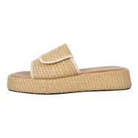 Peep Toe Straw Platform Flats Slippers - Beige Synthetic